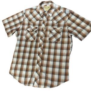 Wrangler Mens L/XL Brown Plaid Pearl SnapShort Sleeve Western Shirt